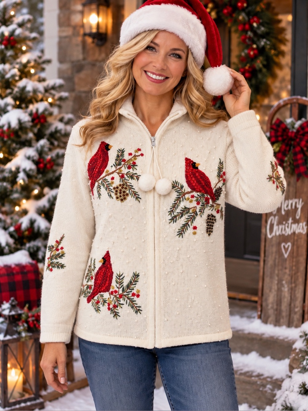 Vintage White Cardinal Embroidered Zip Cardigan Sweater Sequin Cardinal Sz PL